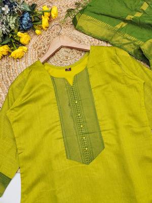 Lemon yellow woven jaquard straight kurti dupatta with pant 5