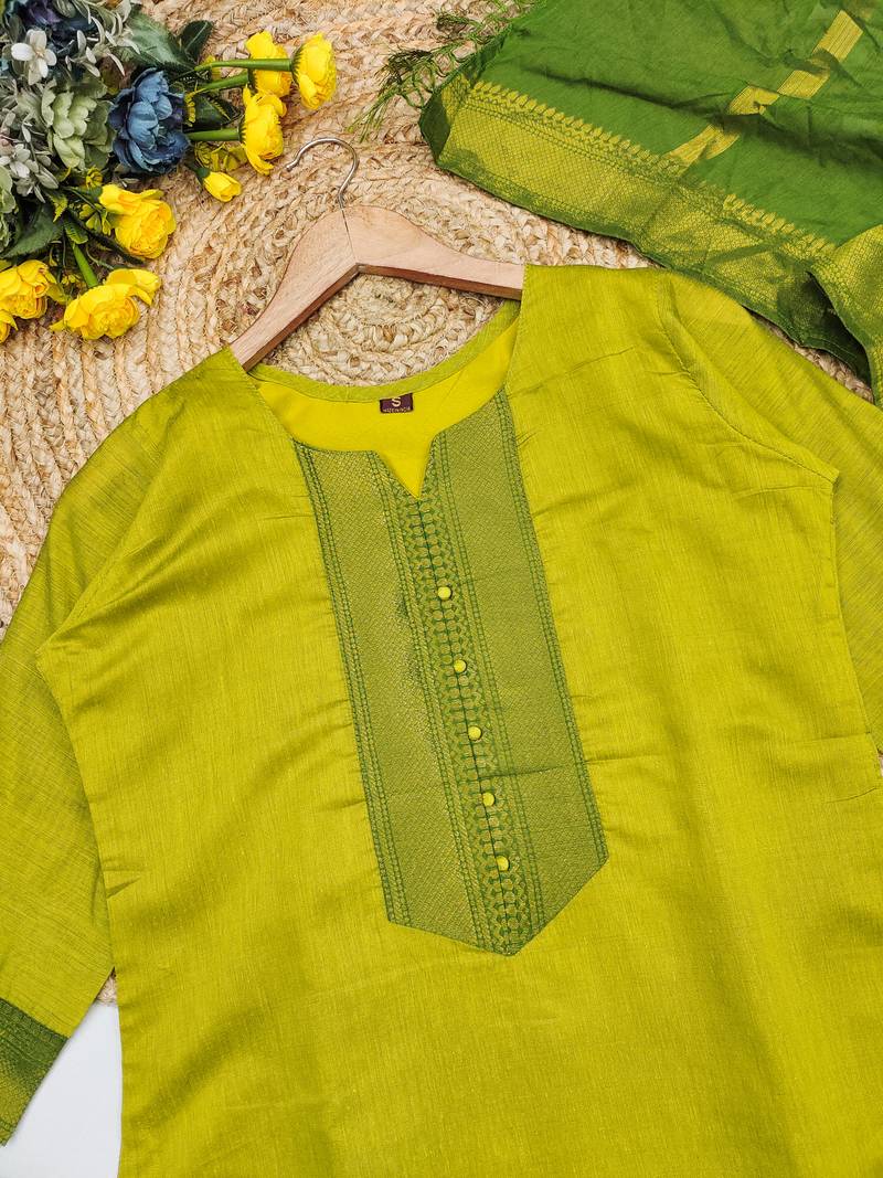 Lemon yellow woven jaquard straight kurti dupatta with pant