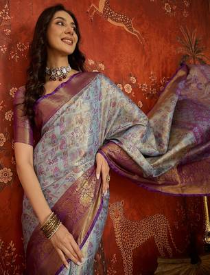 sky blue kanjeevaram silk blend woven design saree with unstitched blouse piece. 1