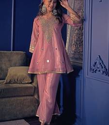 Women's pink silk crepe embroidered kurta set with  pant