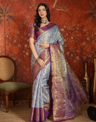 sky blue kanjeevaram silk blend woven design saree with unstitched blouse piece. 2