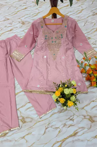 Women's pink silk crepe embroidered kurta set with  pant