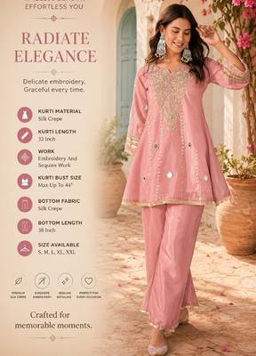 Women's pink silk crepe embroidered kurta set with  pant 2