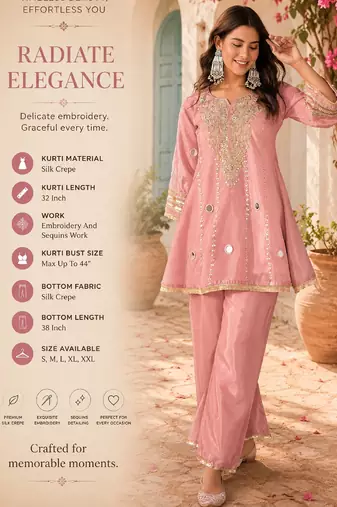Women's pink silk crepe embroidered kurta set with  pant