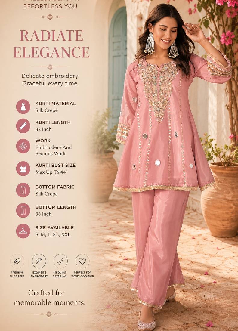 Women's pink silk crepe embroidered kurta set with  pant