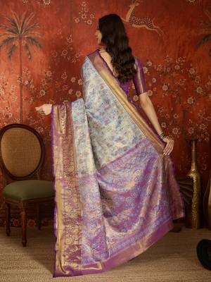 sky blue kanjeevaram silk blend woven design saree with unstitched blouse piece. 4