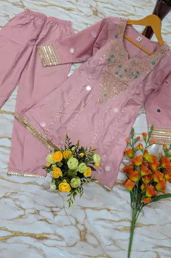 Women's pink silk crepe embroidered kurta set with  pant