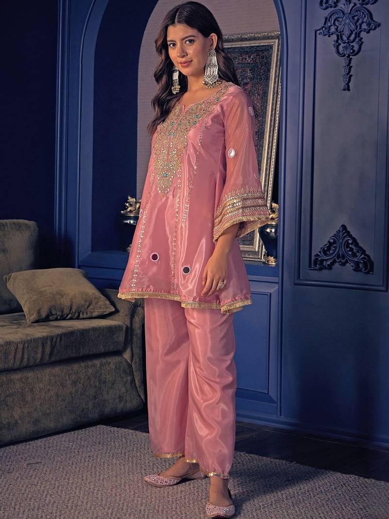 Women's pink silk crepe embroidered kurta set with  pant