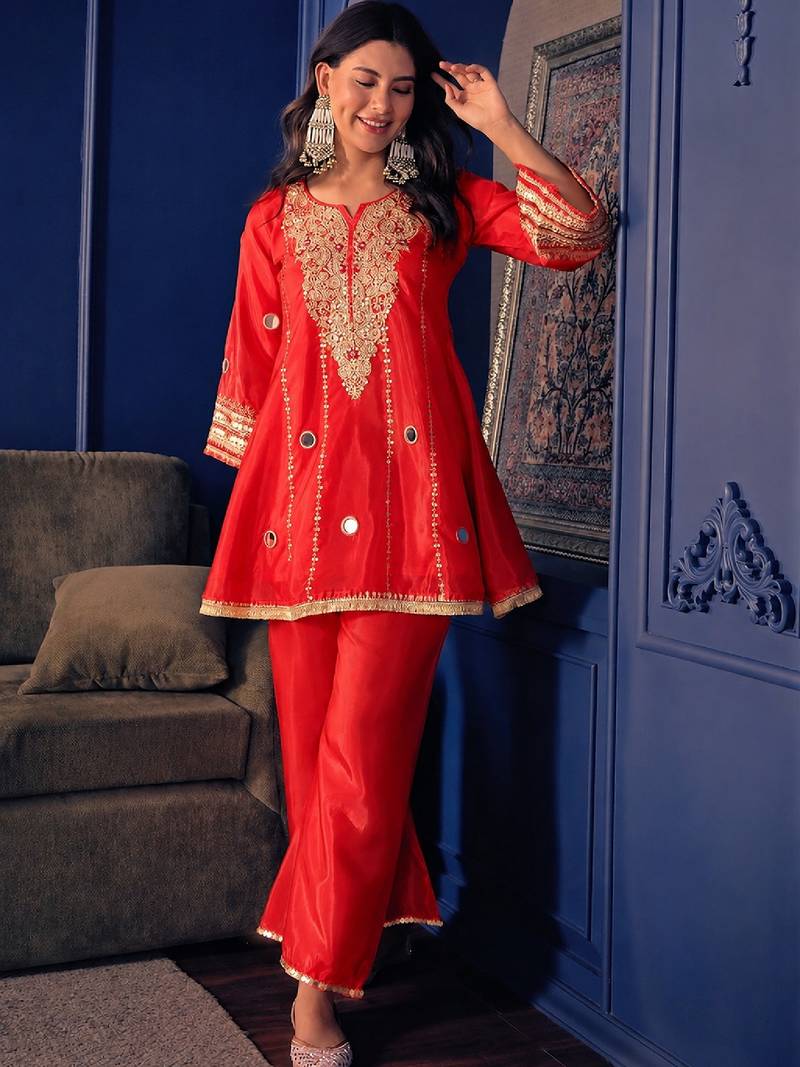 Women's red silk crepe embroidered kurta set with  pant