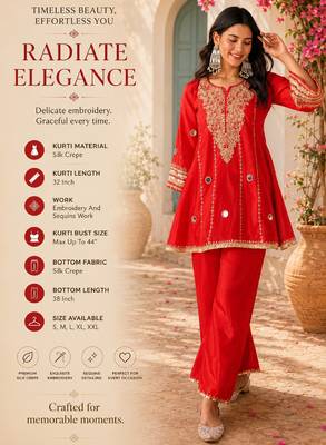 Women's red silk crepe embroidered kurta set with  pant 2