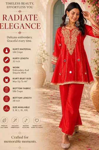 Women's red silk crepe embroidered kurta set with  pant