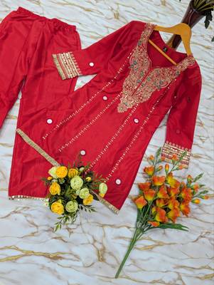 Women's red silk crepe embroidered kurta set with  pant 3