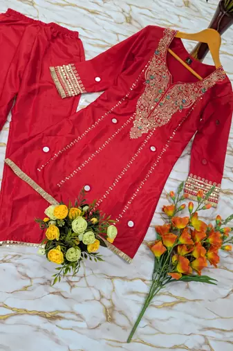 Women's red silk crepe embroidered kurta set with  pant