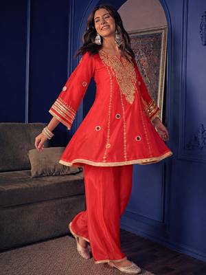 Women's red silk crepe embroidered kurta set with  pant 3