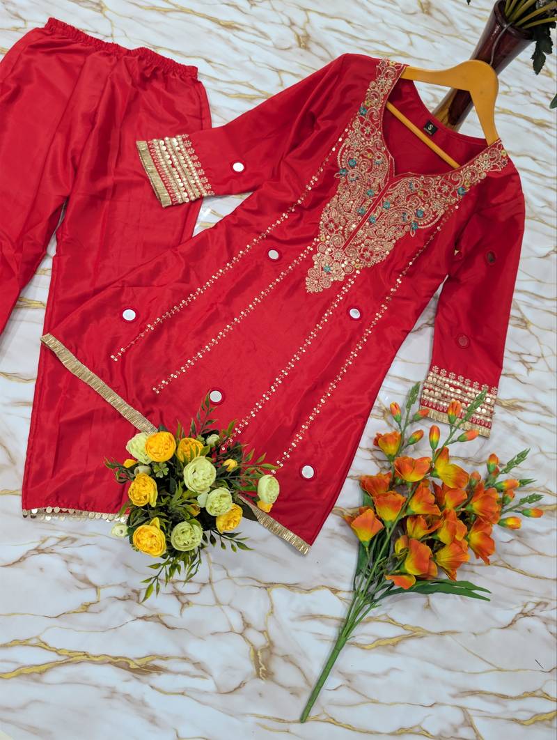 Women's red silk crepe embroidered kurta set with  pant