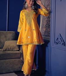 Women's yellow silk crepe embroidered kurta set with  pant