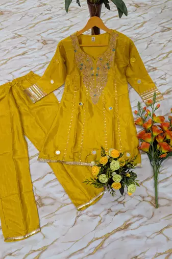 Women's yellow silk crepe embroidered kurta set with  pant