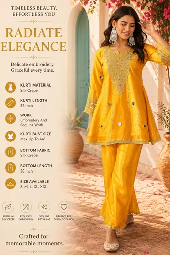 Women's yellow silk crepe embroidered kurta set with  pant