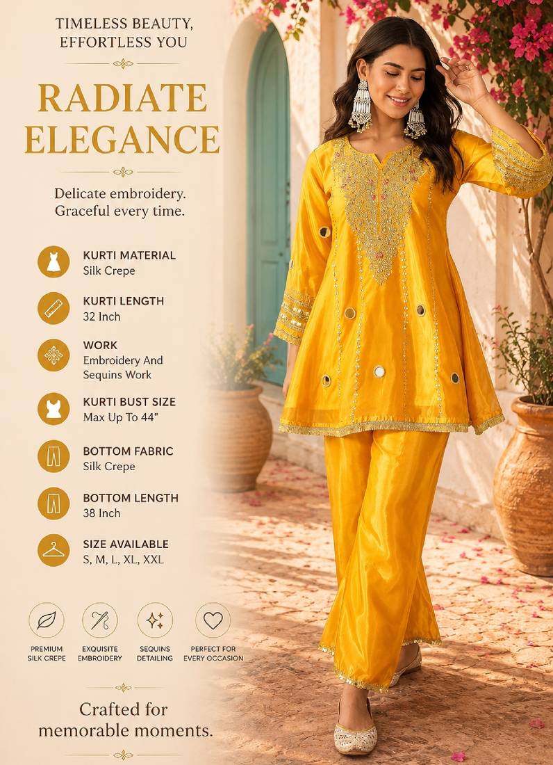 Women's yellow silk crepe embroidered kurta set with  pant