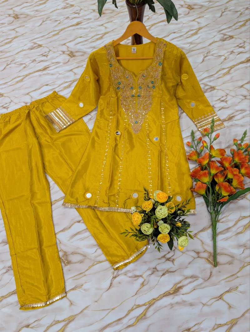 Women's yellow silk crepe embroidered kurta set with  pant
