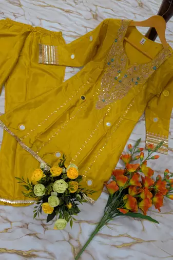 Women's yellow silk crepe embroidered kurta set with  pant