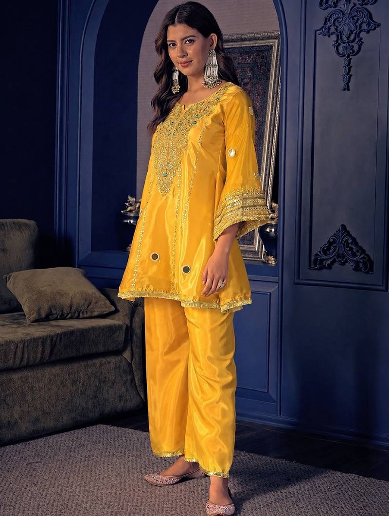 Women's yellow silk crepe embroidered kurta set with  pant