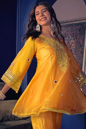 Women's yellow silk crepe embroidered kurta set with  pant