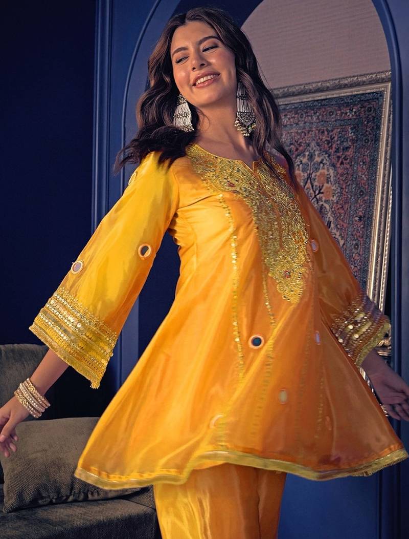 Women's yellow silk crepe embroidered kurta set with  pant