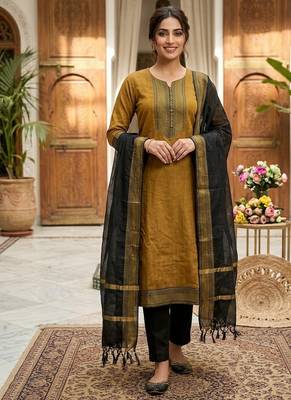 Mustard woven jaquard straight kurti dupatta with pant 1