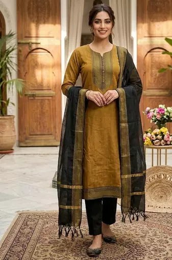 Mustard woven jaquard straight kurti dupatta with pant