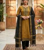 Mustard woven jaquard straight kurti dupatta with pant
