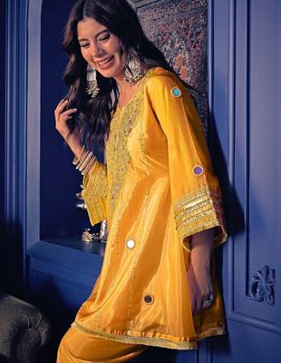 Women's yellow silk crepe embroidered kurta set with  pant 5