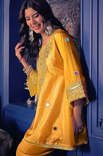 Women's yellow silk crepe embroidered kurta set with  pant