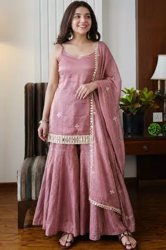 Women's peach silk blend embroidered kurta set with dupatta and sharara