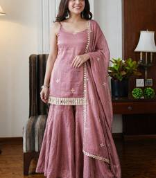 Women's peach silk blend embroidered kurta set with dupatta and sharara