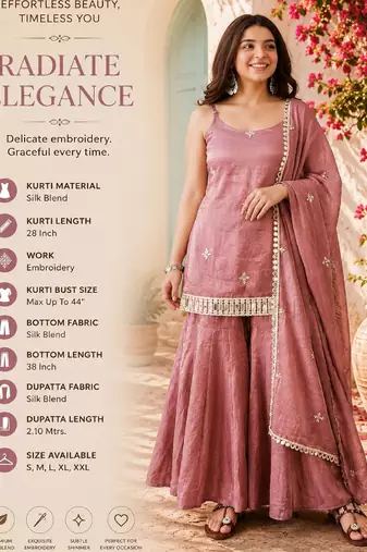 Women's peach silk blend embroidered kurta set with dupatta and sharara