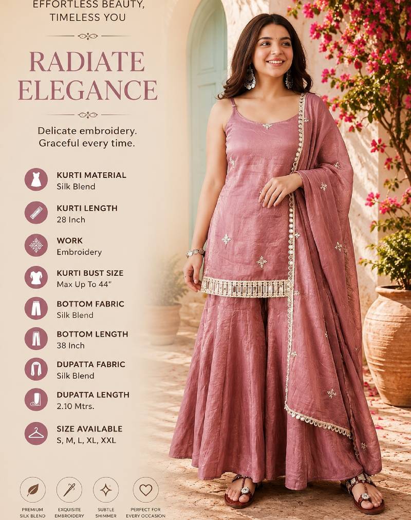 Women's peach silk blend embroidered kurta set with dupatta and sharara