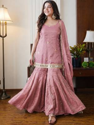 Women's peach silk blend embroidered kurta set with dupatta and sharara 3