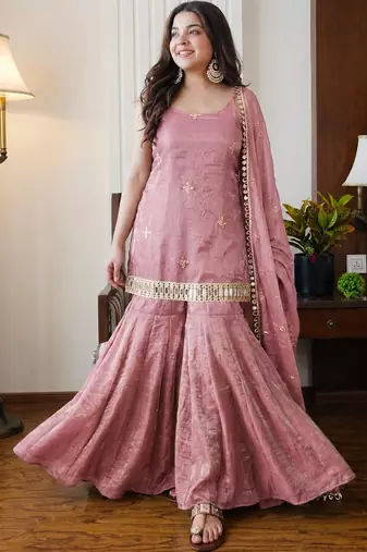 Women's peach silk blend embroidered kurta set with dupatta and sharara