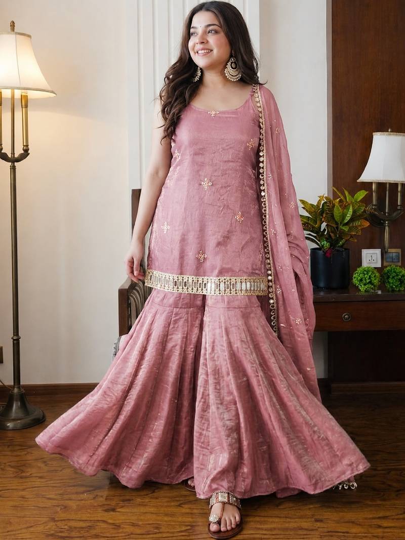 Women's peach silk blend embroidered kurta set with dupatta and sharara