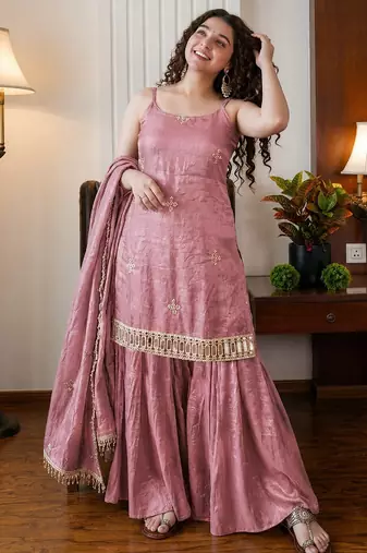 Women's peach silk blend embroidered kurta set with dupatta and sharara
