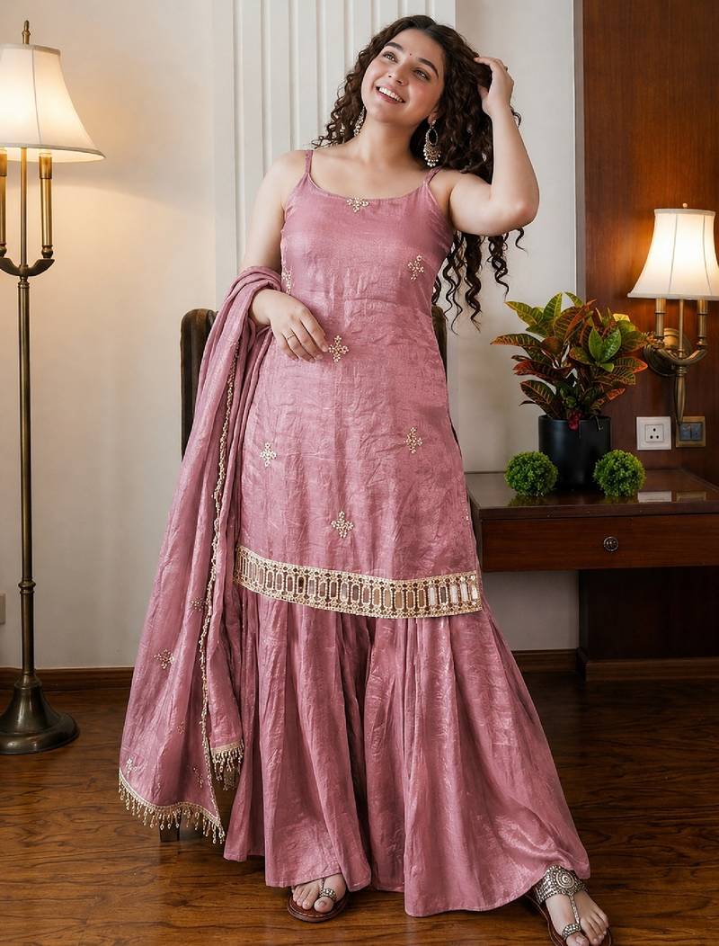 Women's peach silk blend embroidered kurta set with dupatta and sharara
