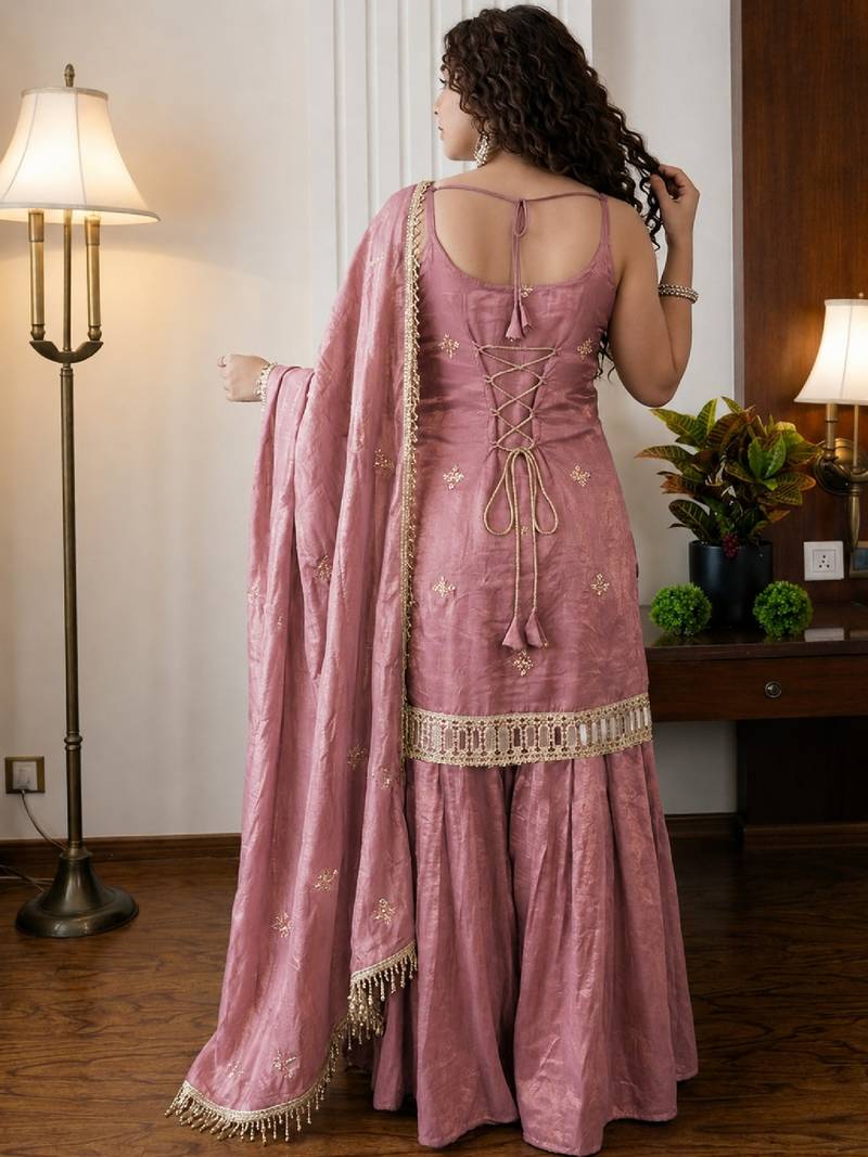 Women's peach silk blend embroidered kurta set with dupatta and sharara