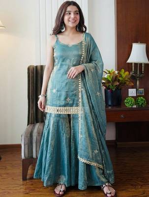 Women's teal silk blend embroidered kurta set with dupatta and sharara 1