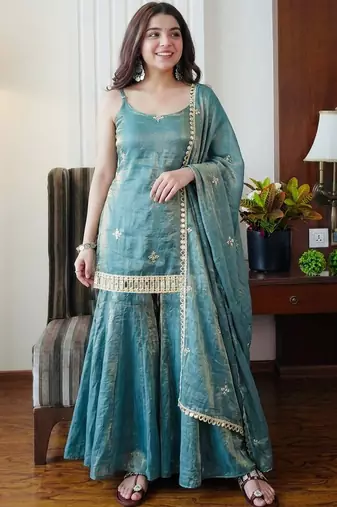 Women's teal silk blend embroidered kurta set with dupatta and sharara