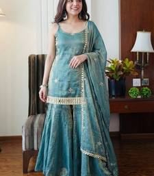 Women's teal silk blend embroidered kurta set with dupatta and sharara