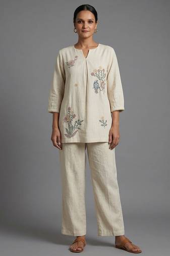 Off-white embroidered kurti co-ord set