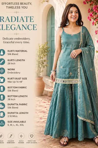 Women's teal silk blend embroidered kurta set with dupatta and sharara