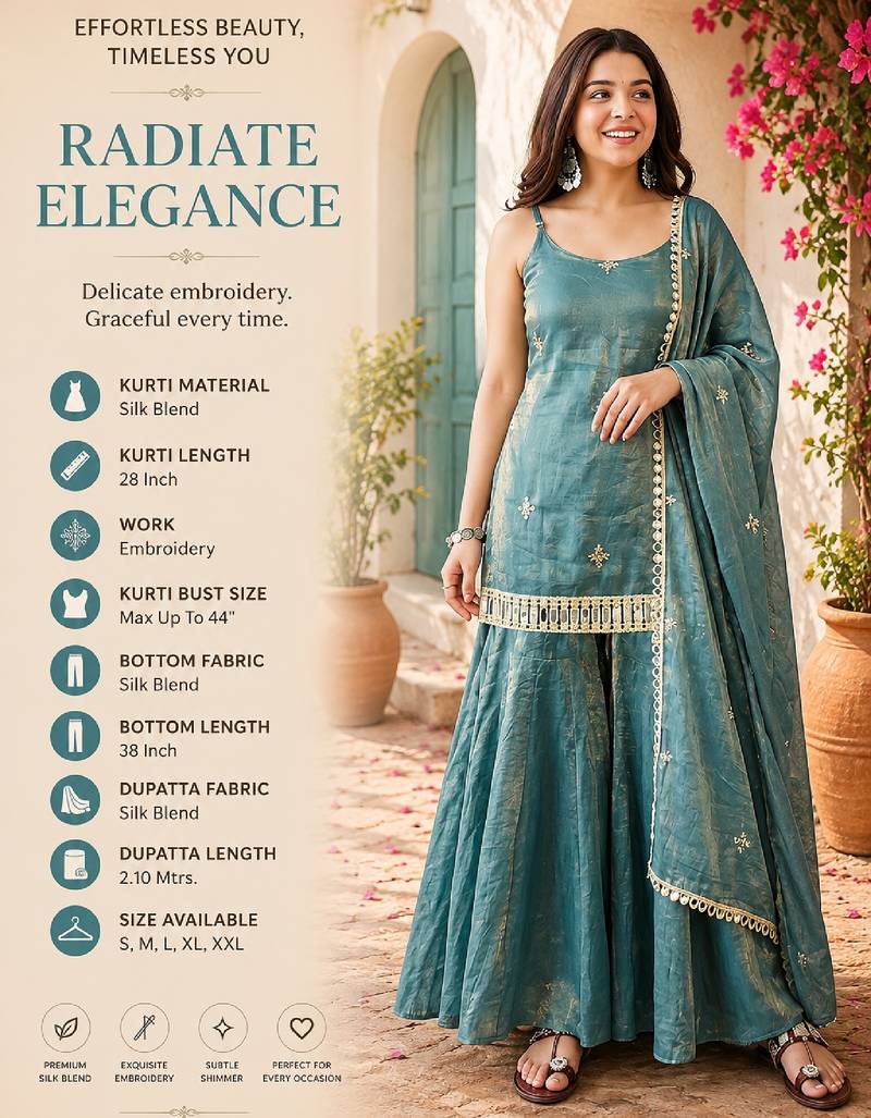 Women's teal silk blend embroidered kurta set with dupatta and sharara