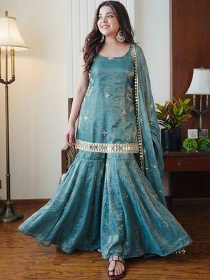 Women's teal silk blend embroidered kurta set with dupatta and sharara 3